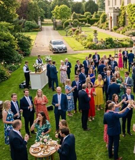 Wedding guests on the lawn of a luxury Lancashire estate Drone perspective of wedding guests on the lawns of a luxury Lancashire estate