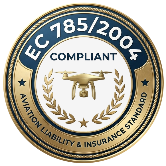 Badge indicating compliance with EC 785/2004 for aviation liability and insurance standards.