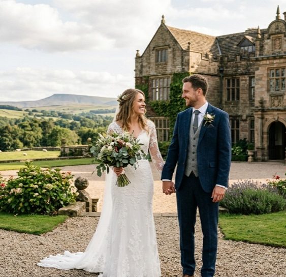 Cinematic aerial wedding photography of a bride and groom in Clitheroe Ribble Valley