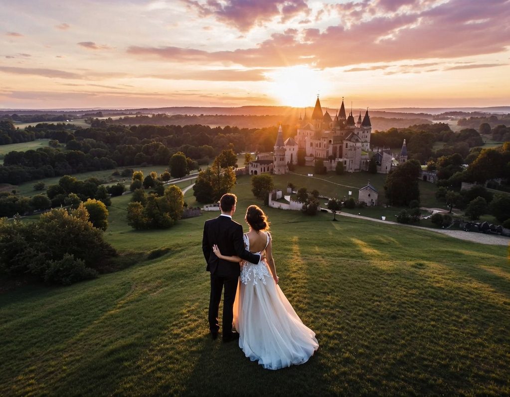 Cinematic aerial wedding photography showing a bride and groom on the grounds of a luxury Lancashire wedding venue, captured by ProView