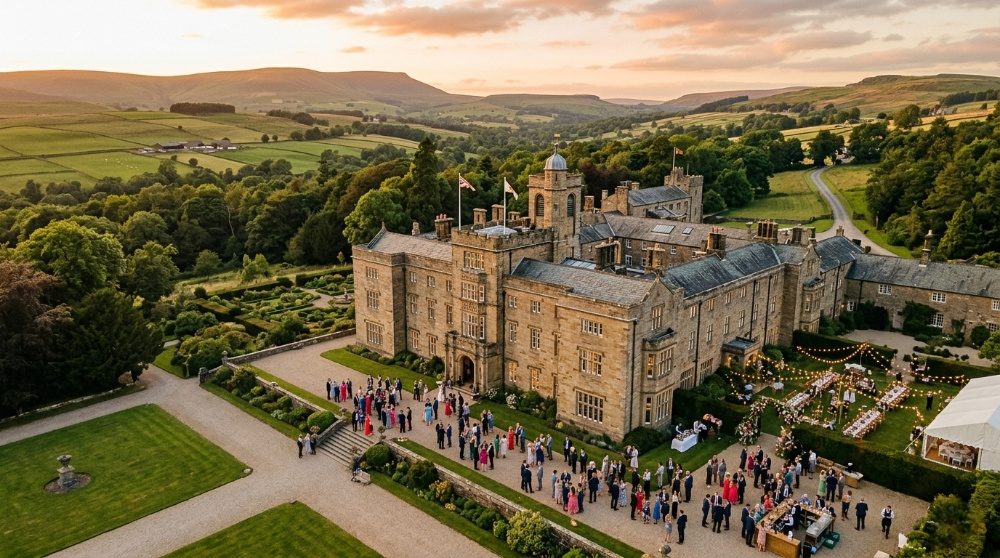 Drone perspective of a luxury country house wedding venue in the Ribble Valley Lancashire