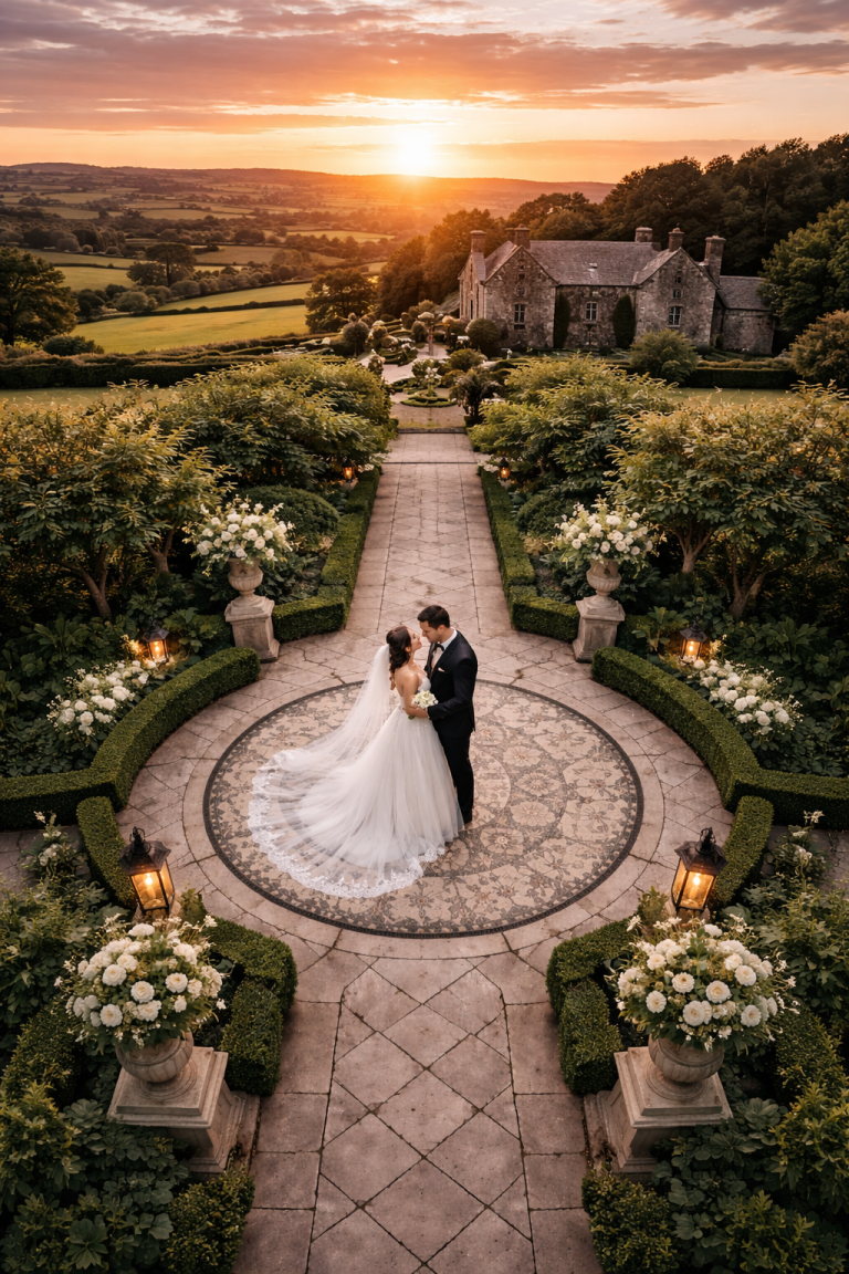 Bride and groom at a stunning Lancashire venue taken from a drone Cinematic aerial wedding photography of a bride and groom in Lancashire